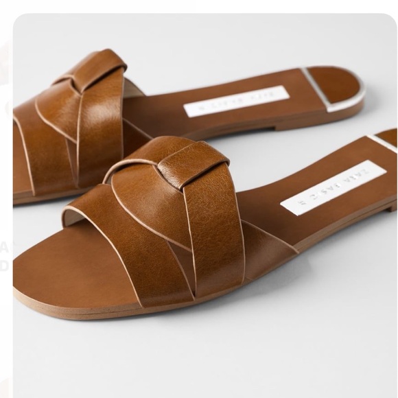 Zara size 40 brown cognac chestnut faux leather slides sandals - Picture 2 of 9